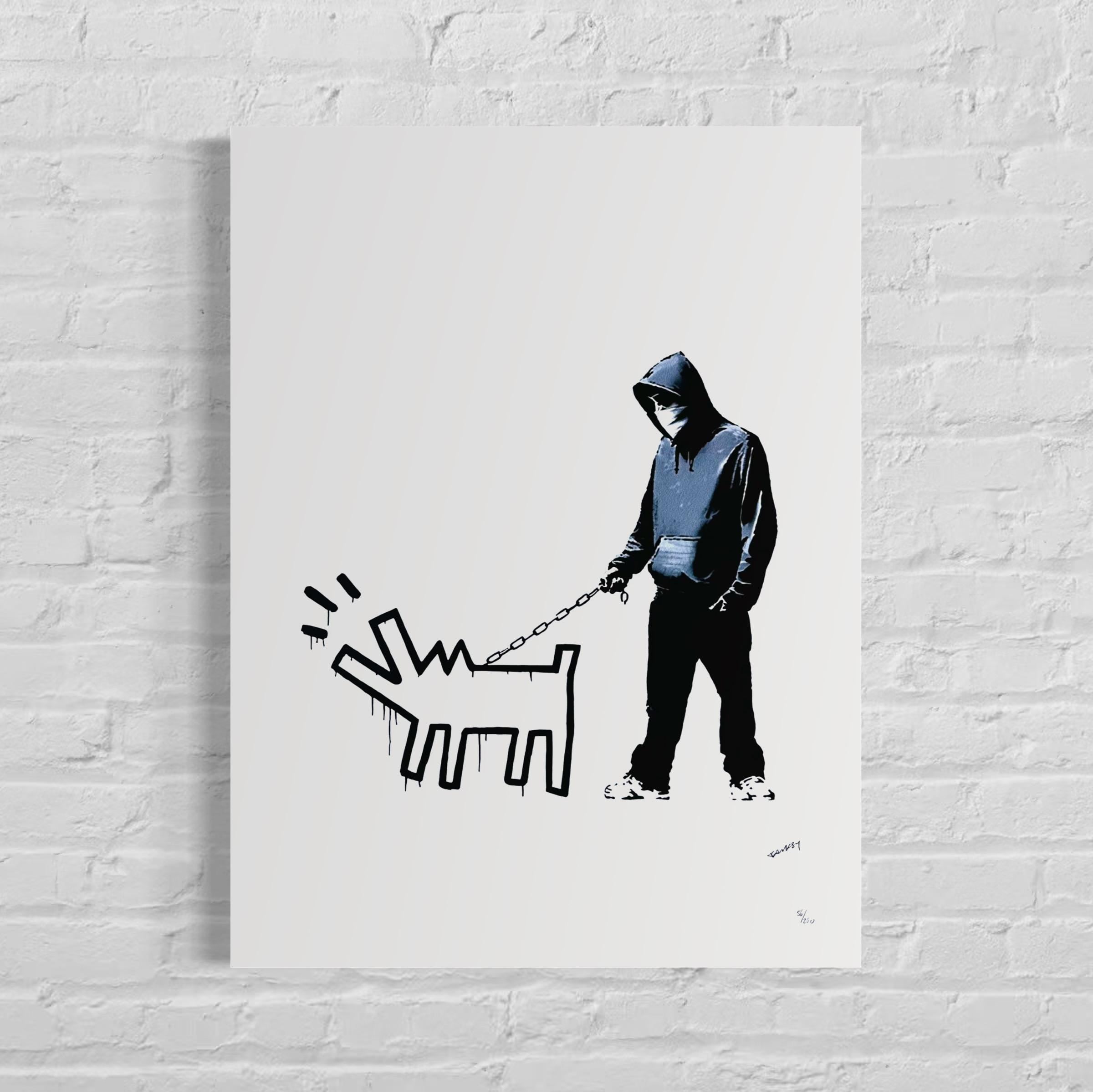 Genummerde editie BANKSY Barking dog (wit) Gesigneerd - certificaat - Wall Art, Grafitti Art, Lithograph, Stencil Art